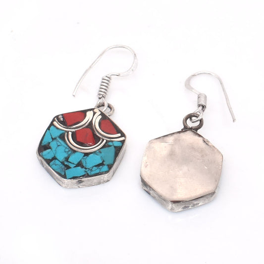 Coral & Turquoise Earrings Fashionable Tibetan Silver Hook Earring 1.5" EAR-10027