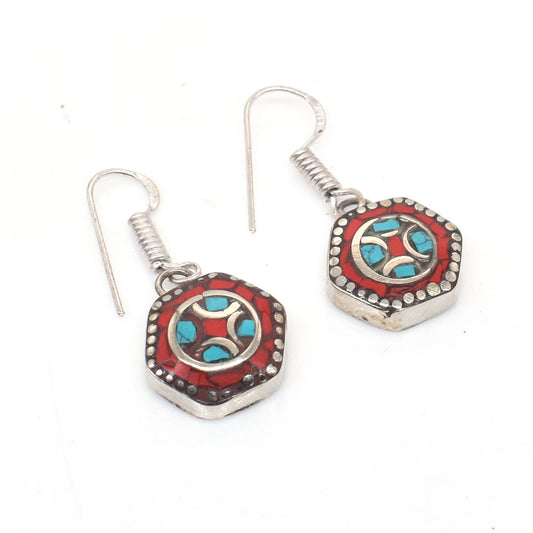 Red Coral Tibetan Silver Earrings Birthday Gift Hook Earring Jewelry 1.5" EAR-10028