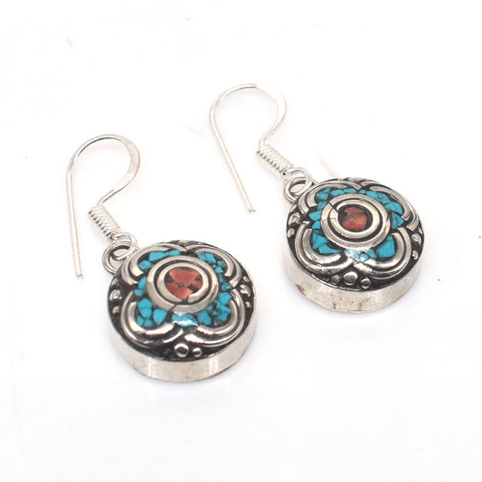 Green Turquoise Tibetan Silver Earrings Vintage Women's Gift Jewelry 1.5" EAR-10030