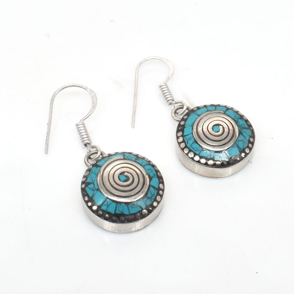 Fashion Tibetan Silver Earrings Green Turquoise Round Shape Earring 1.5" EAR-10031