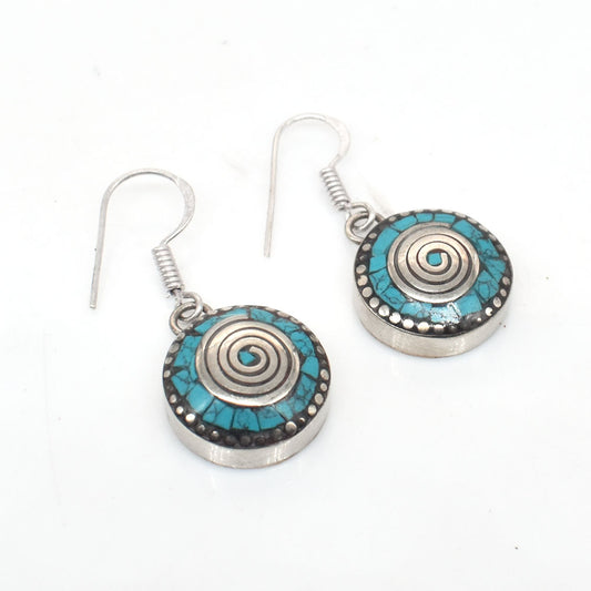 Fashion Tibetan Silver Earrings Green Turquoise Round Shape Earring 1.5" EAR-10031