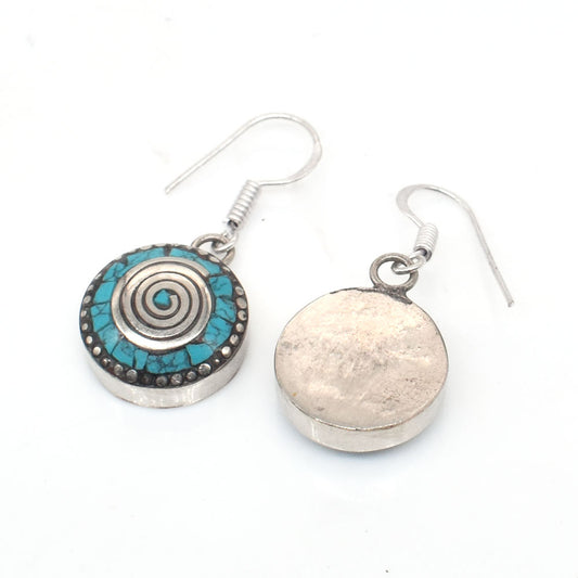 Fashion Tibetan Silver Earrings Green Turquoise Round Shape Earring 1.5" EAR-10031