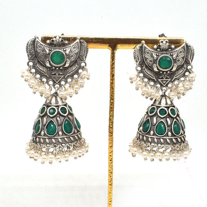 Green Stone Jhumka Earrings, Oxidized Silver Pearl Boho Jewelry EAR-10198