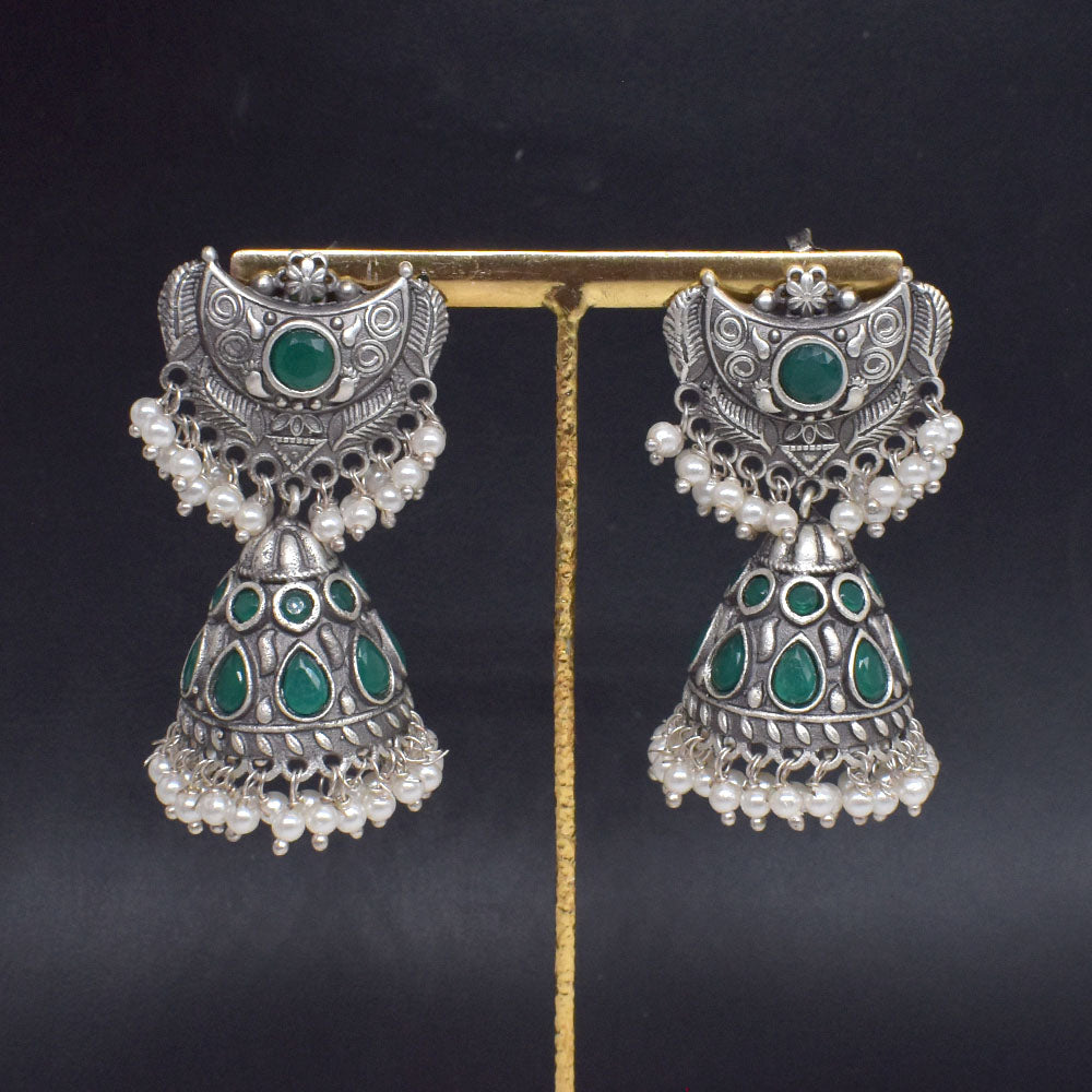 Green Stone Jhumka Earrings, Oxidized Silver Pearl Boho Jewelry EAR-10198