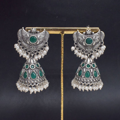 Green Stone Jhumka Earrings, Oxidized Silver Pearl Boho Jewelry EAR-10198