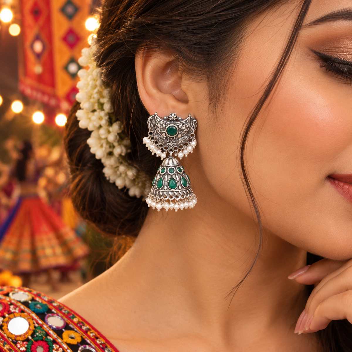 Green Stone Jhumka Earrings, Oxidized Silver Pearl Boho Jewelry EAR-10198