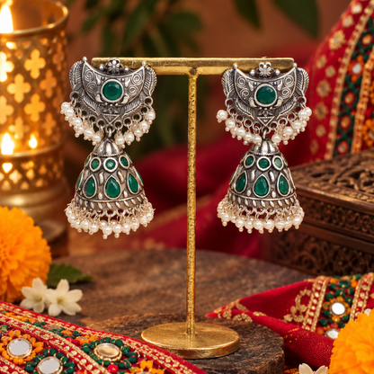Green Stone Jhumka Earrings, Oxidized Silver Pearl Boho Jewelry EAR-10198
