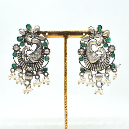 Peacock Green Stone Earrings, Oxidized Silver Pearl Dangle Jewelry EAR-10200