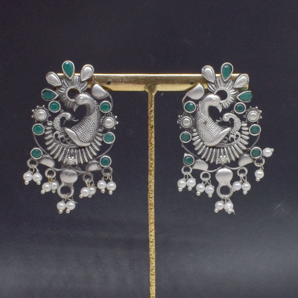 Peacock Green Stone Earrings, Oxidized Silver Pearl Dangle Jewelry EAR-10200