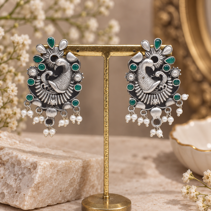 Peacock Green Stone Earrings, Oxidized Silver Pearl Dangle Jewelry EAR-10200