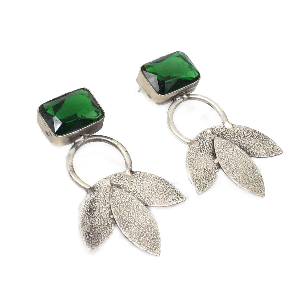Green Diopside Quartz Earrings Handmade Antique Silver Leaf Stud Earrings EAR-10212