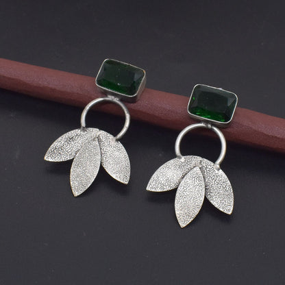 Green Diopside Quartz Earrings Handmade Antique Silver Leaf Stud Earrings EAR-10212