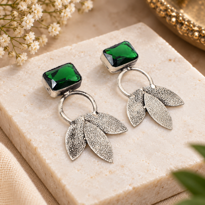 Green Diopside Quartz Earrings Handmade Antique Silver Leaf Stud Earrings EAR-10212