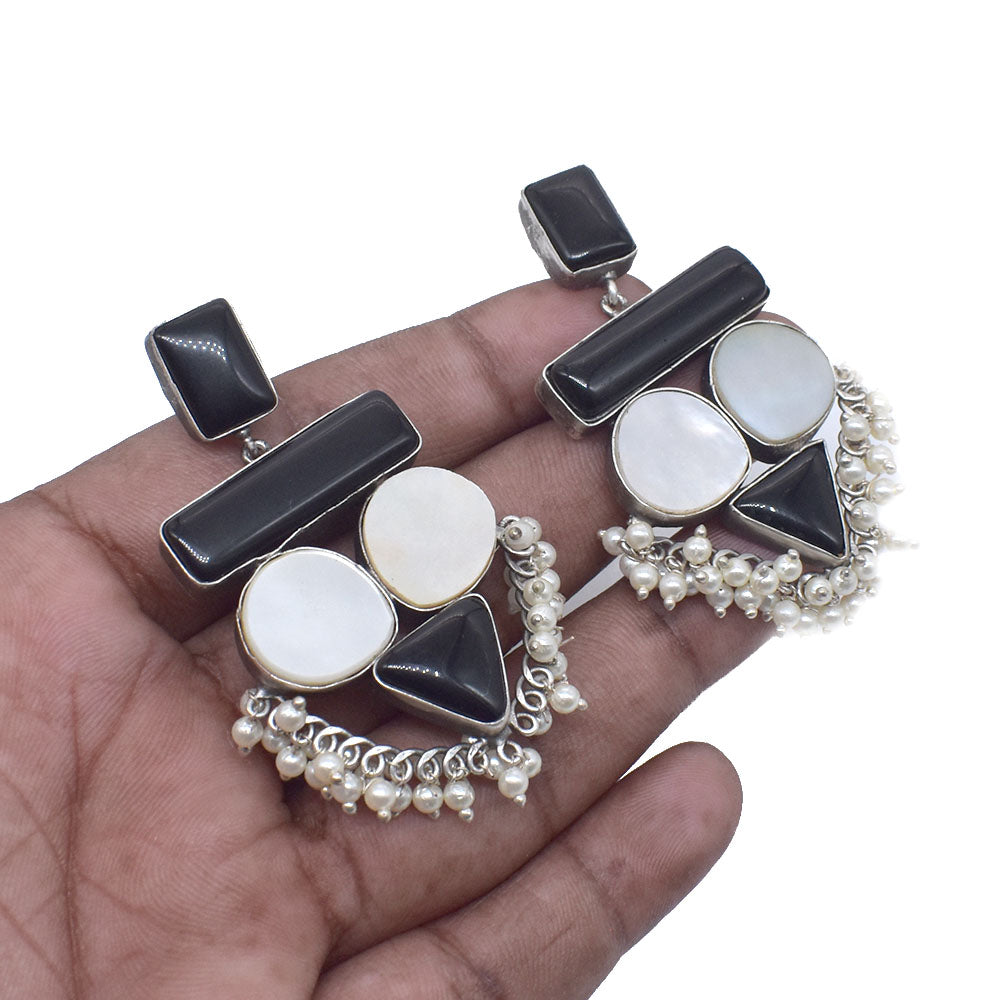 Black Onyx Mother of Pearl Statement Dangle Earrings Pearl Jewelry EAR-10457