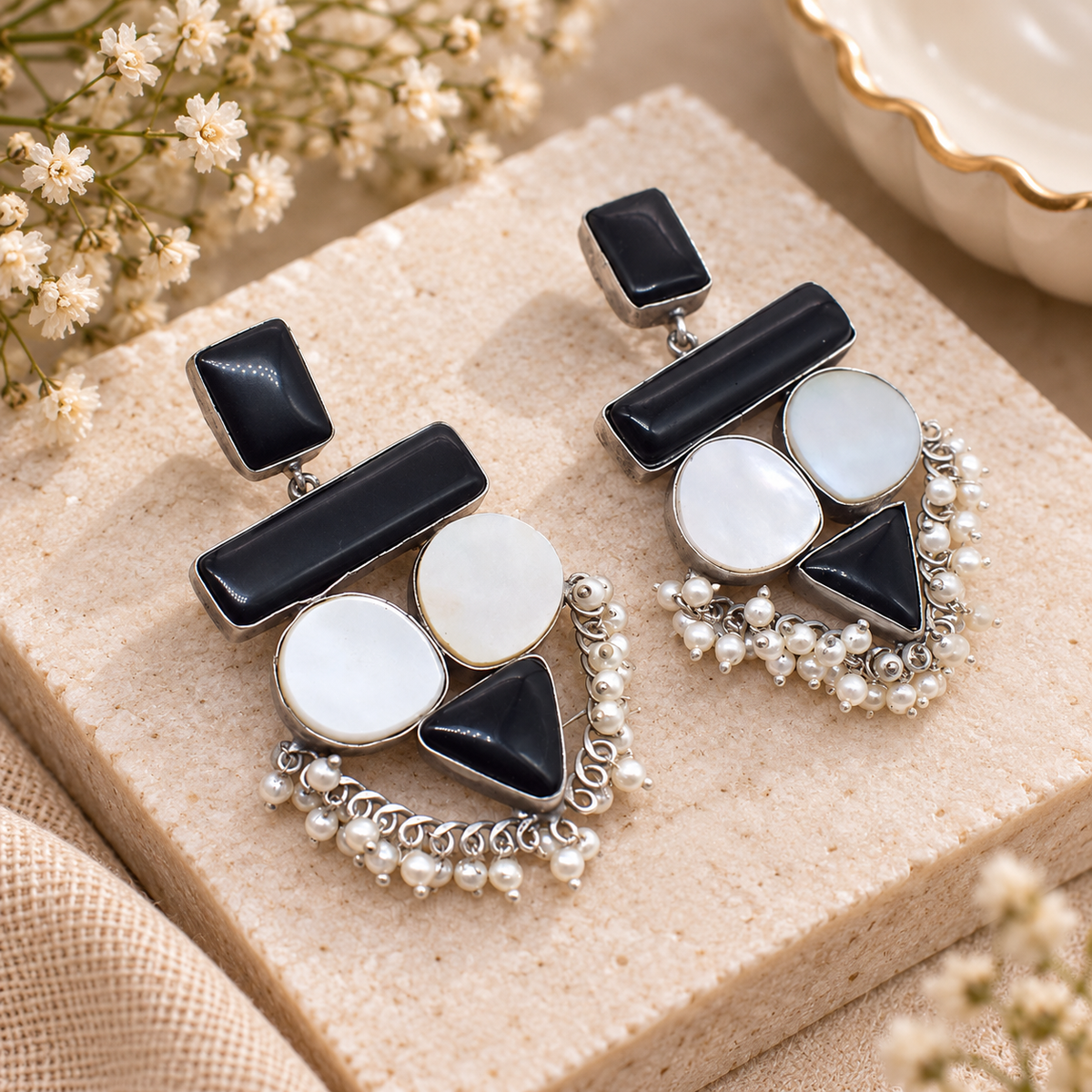 Black Onyx Mother of Pearl Statement Dangle Earrings Pearl Jewelry EAR-10457