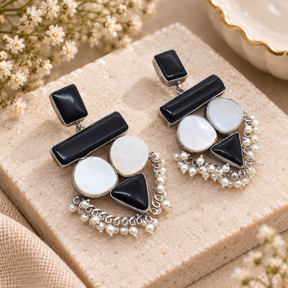 Black Onyx Mother of Pearl Statement Dangle Earrings Pearl Jewelry EAR-10457