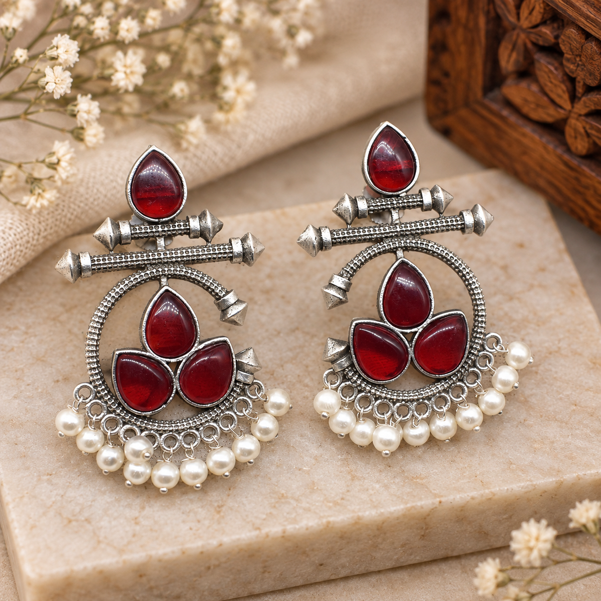 Oxidized Earrings Red Garnet Quartz Silver Plated Jewelry Gift EAR-10462