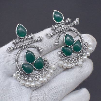 Elegant Chimes Earrings Green Onyx Antique Silver Oxidized Spiritual Jewelry EAR-10464