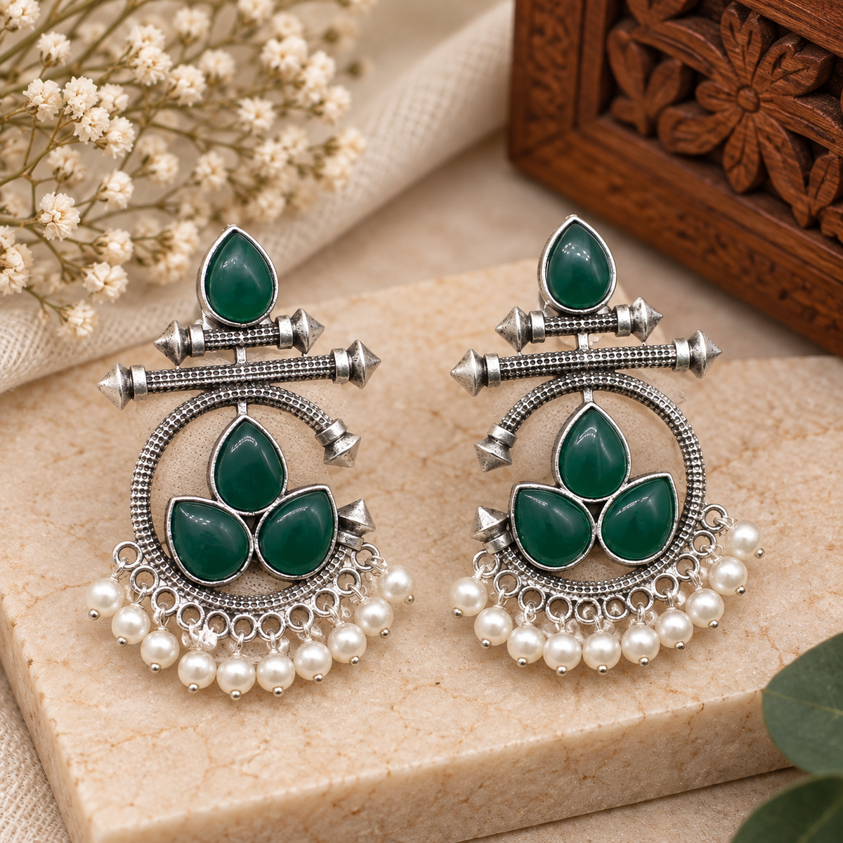 Elegant Chimes Earrings Green Onyx Antique Silver Oxidized Spiritual Jewelry EAR-10464