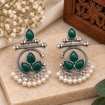 Elegant Chimes Earrings Green Onyx Antique Silver Oxidized Spiritual Jewelry EAR-10464