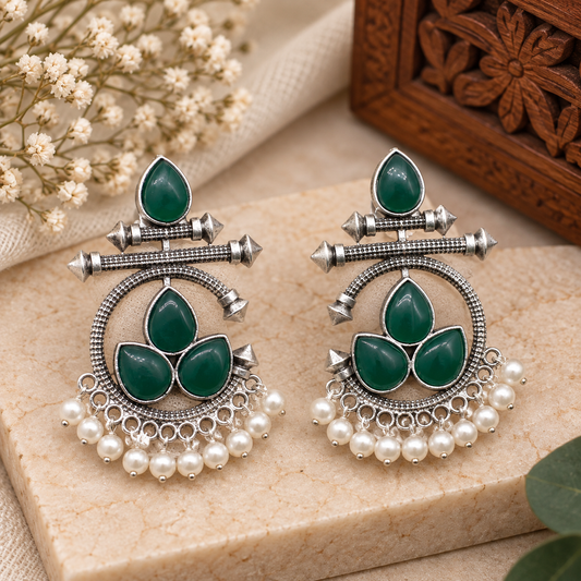 Elegant Chimes Earrings Green Onyx Antique Silver Oxidized Spiritual Jewelry EAR-10464