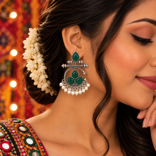 Elegant Chimes Earrings Green Onyx Antique Silver Oxidized Spiritual Jewelry EAR-10464