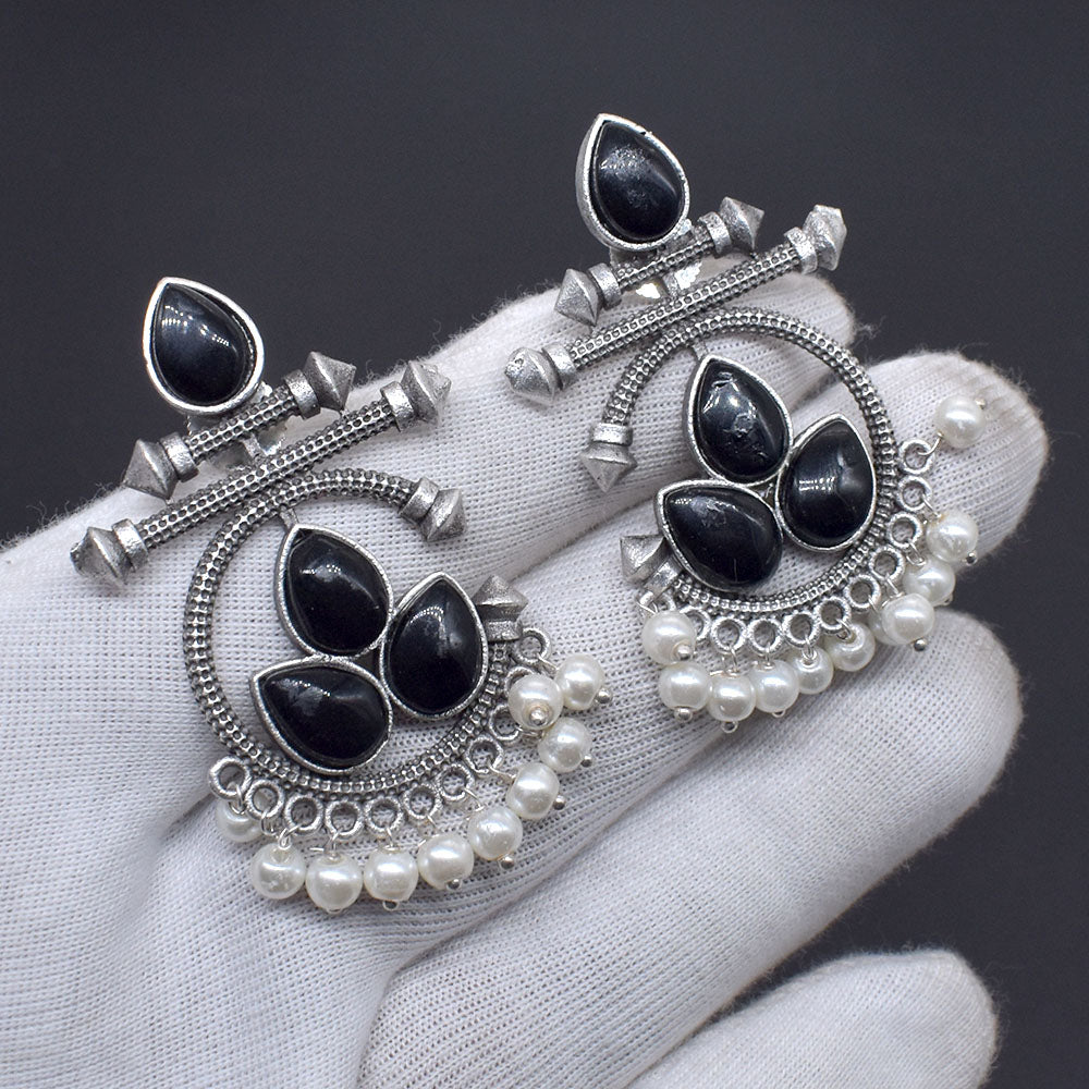 Black Stone Pearl Earrings Oxidized Silver Tribal Dangle Jewelry EAR-10465
