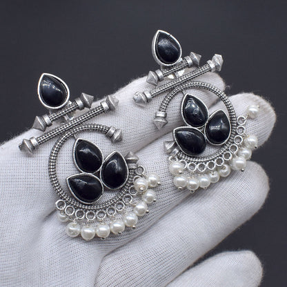 Black Stone Pearl Earrings Oxidized Silver Tribal Dangle Jewelry EAR-10465