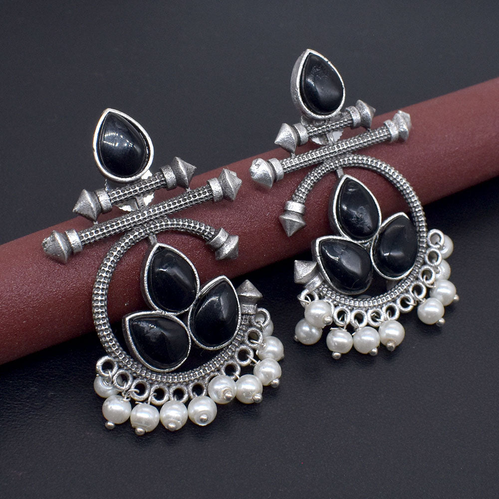 Black Stone Pearl Earrings Oxidized Silver Tribal Dangle Jewelry EAR-10465
