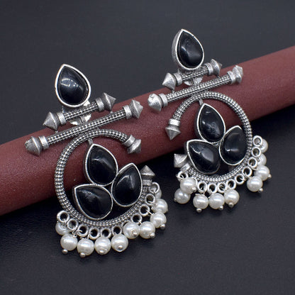 Black Stone Pearl Earrings Oxidized Silver Tribal Dangle Jewelry EAR-10465