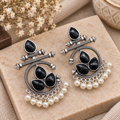 Black Stone Pearl Earrings Oxidized Silver Tribal Dangle Jewelry EAR-10465
