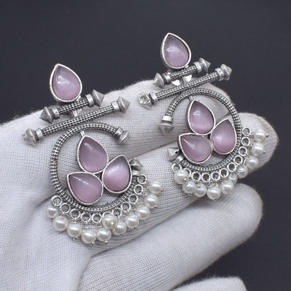 Pink Stone Pearl Earrings Oxidized Silver Tribal Dangle Jewelry EAR-10466