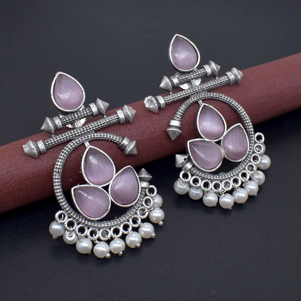 Pink Stone Pearl Earrings Oxidized Silver Tribal Dangle Jewelry EAR-10466