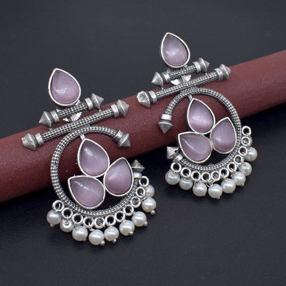 Pink Stone Pearl Earrings Oxidized Silver Tribal Dangle Jewelry EAR-10466