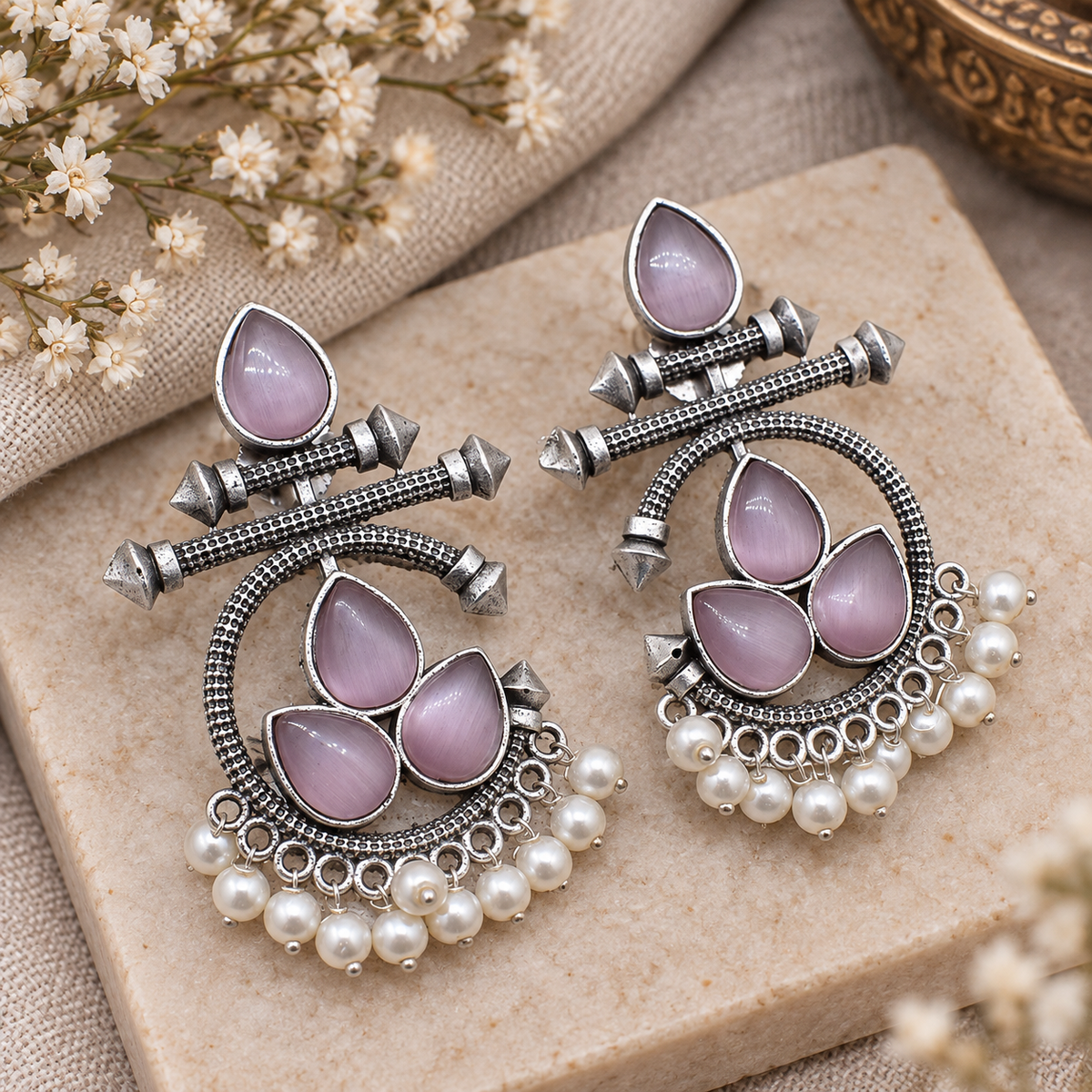 Pink Stone Pearl Earrings Oxidized Silver Tribal Dangle Jewelry EAR-10466