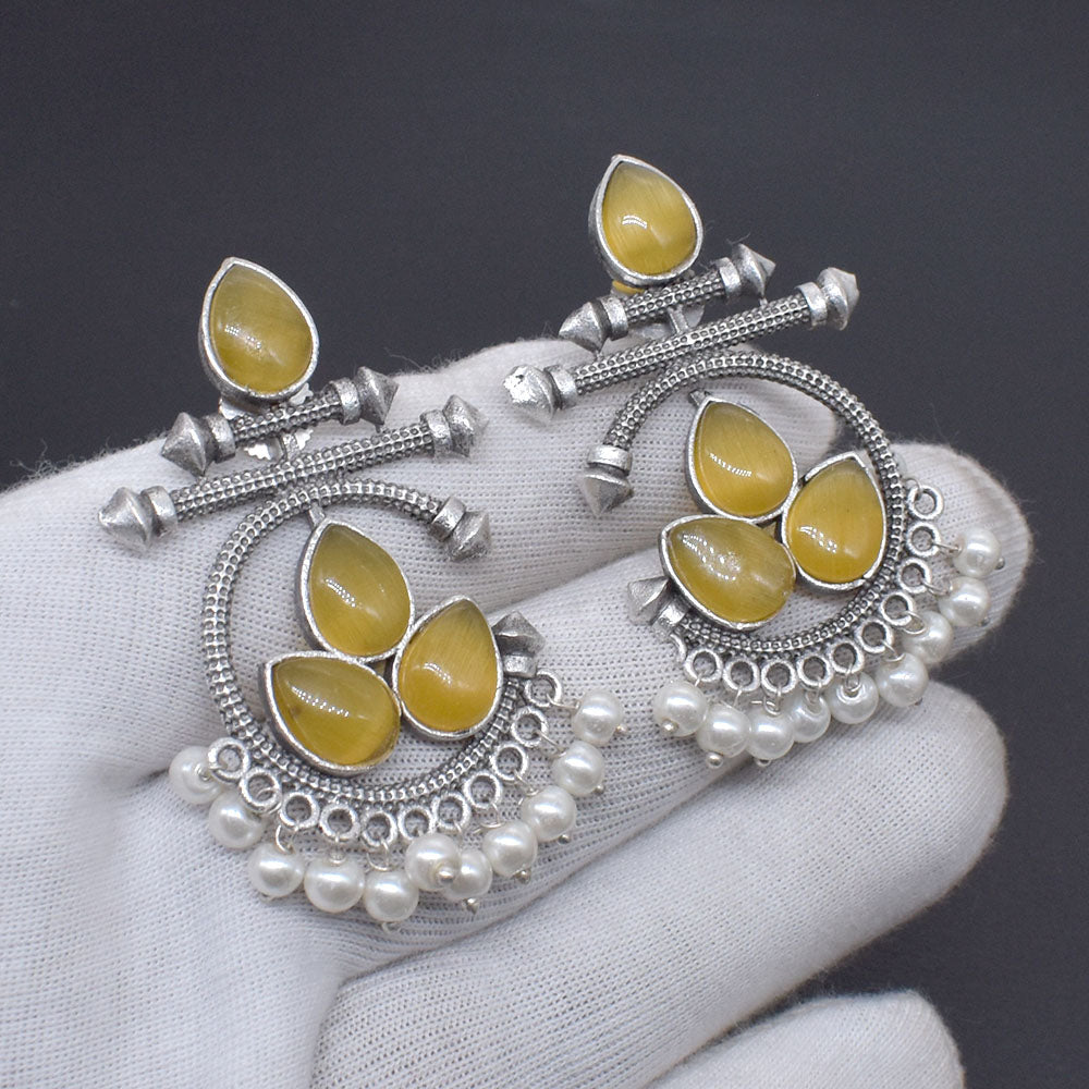 Yellow Cat Eye Pearl Earrings Oxidized Silver Dangle Statement Jewelry EAR-10468