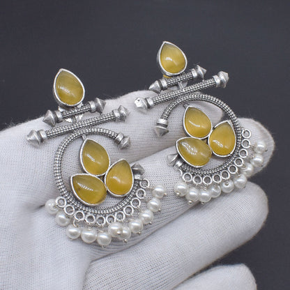 Yellow Cat Eye Pearl Earrings Oxidized Silver Dangle Statement Jewelry EAR-10468