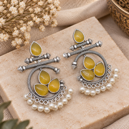 Yellow Cat Eye Pearl Earrings Oxidized Silver Dangle Statement Jewelry EAR-10468