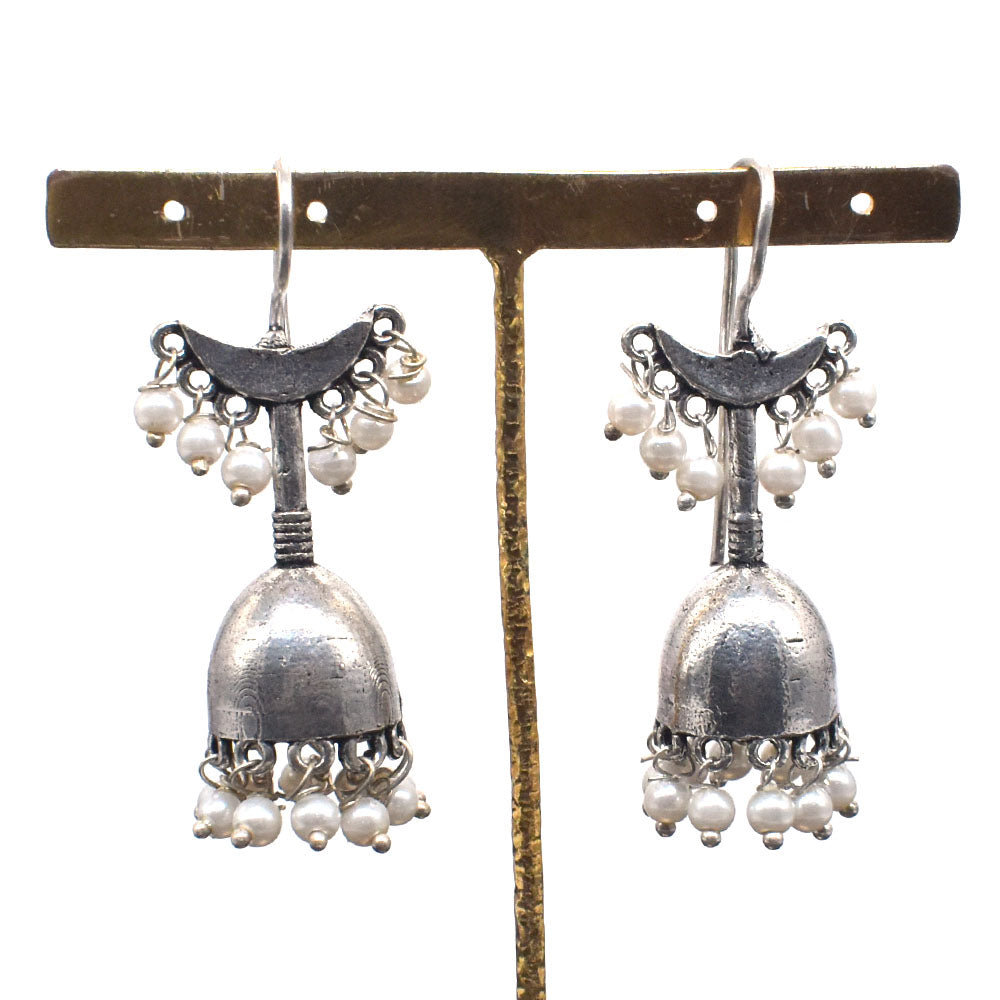 Oxidized Silver Jhumka Earrings, Pearl Dangle Indian Boho Jewelry EAR-10470