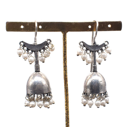 Oxidized Silver Jhumka Earrings, Pearl Dangle Indian Boho Jewelry EAR-10470