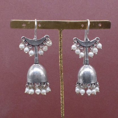 Oxidized Silver Jhumka Earrings, Pearl Dangle Indian Boho Jewelry EAR-10470