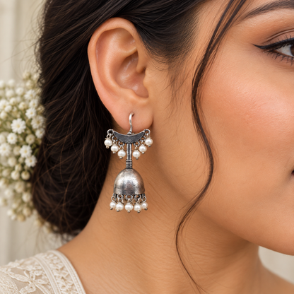 Oxidized Silver Jhumka Earrings, Pearl Dangle Indian Boho Jewelry EAR-10470