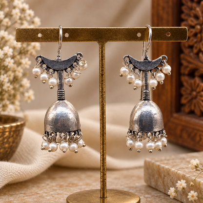Oxidized Silver Jhumka Earrings, Pearl Dangle Indian Boho Jewelry EAR-10470