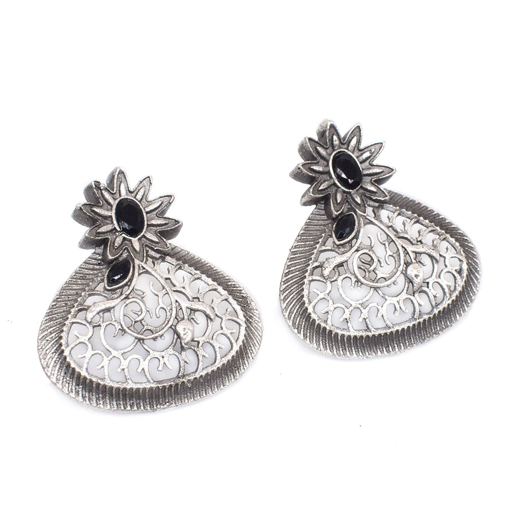 Oxidized Silver Floral Earrings Black Stone Teardrop Boho Jewelry EAR-10471