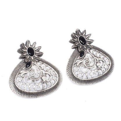 Oxidized Silver Floral Earrings Black Stone Teardrop Boho Jewelry EAR-10471