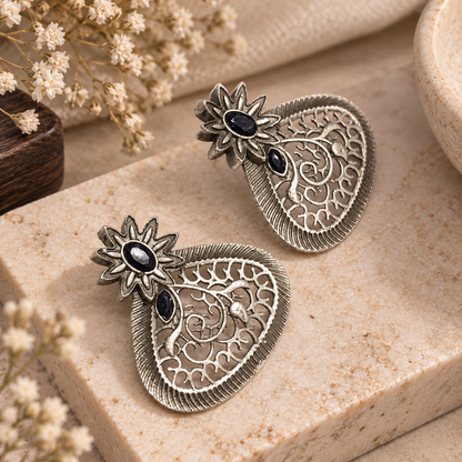 Oxidized Silver Floral Earrings Black Stone Teardrop Boho Jewelry EAR-10471