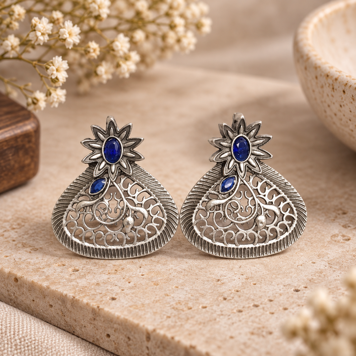 Blue Iolite Earrings Oxidized Silver Floral Teardrop Boho Jewelry EAR-10472