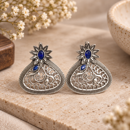 Blue Iolite Earrings Oxidized Silver Floral Teardrop Boho Jewelry EAR-10472