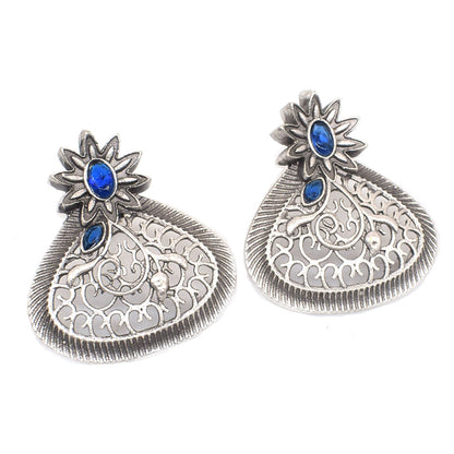 Blue Iolite Earrings Oxidized Silver Floral Teardrop Boho Jewelry EAR-10472
