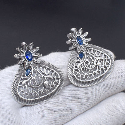 Blue Iolite Earrings Oxidized Silver Floral Teardrop Boho Jewelry EAR-10472